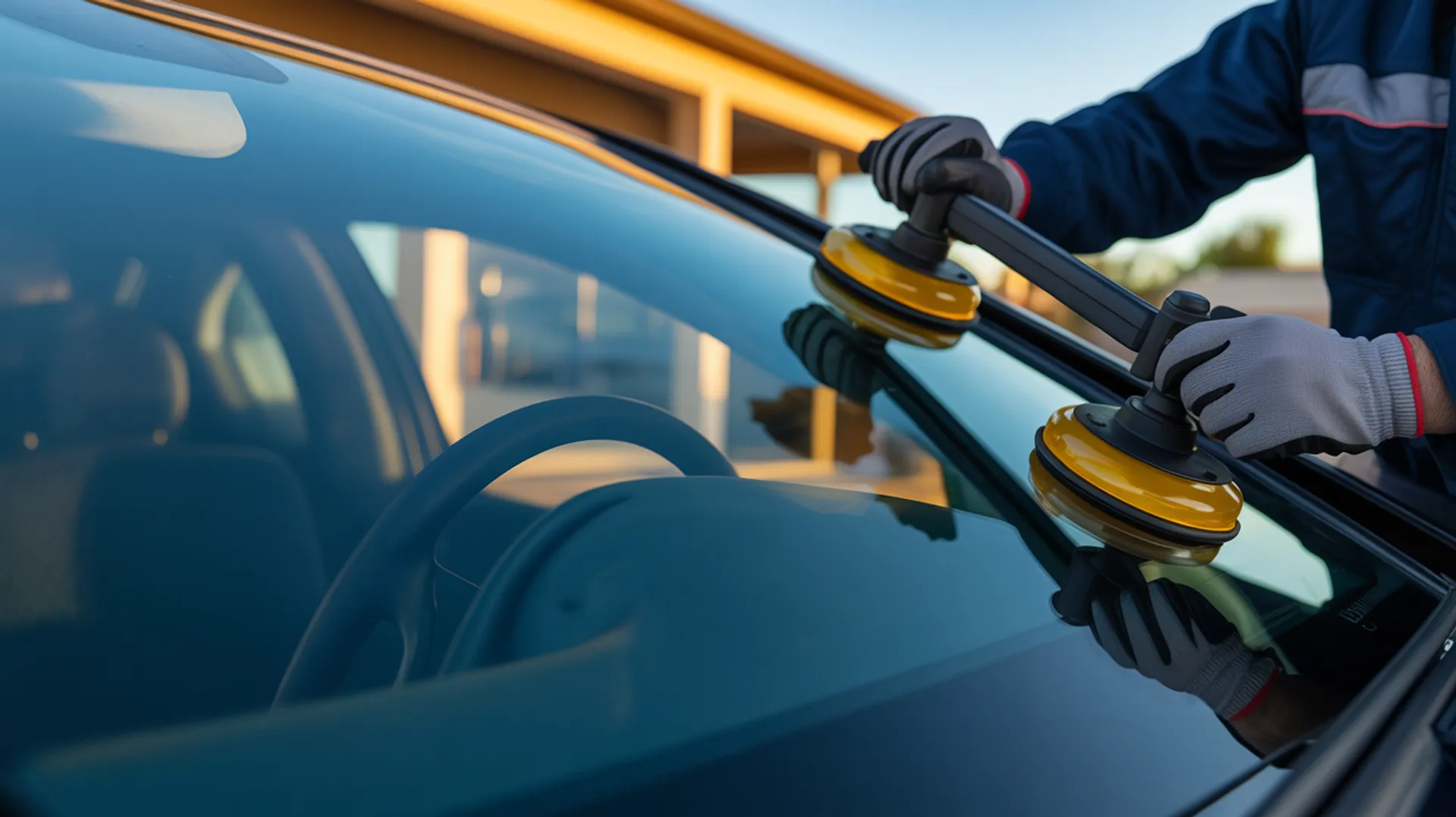 A glass technician steadying a new windshield with suction-cup setting tools in Arizona morning light