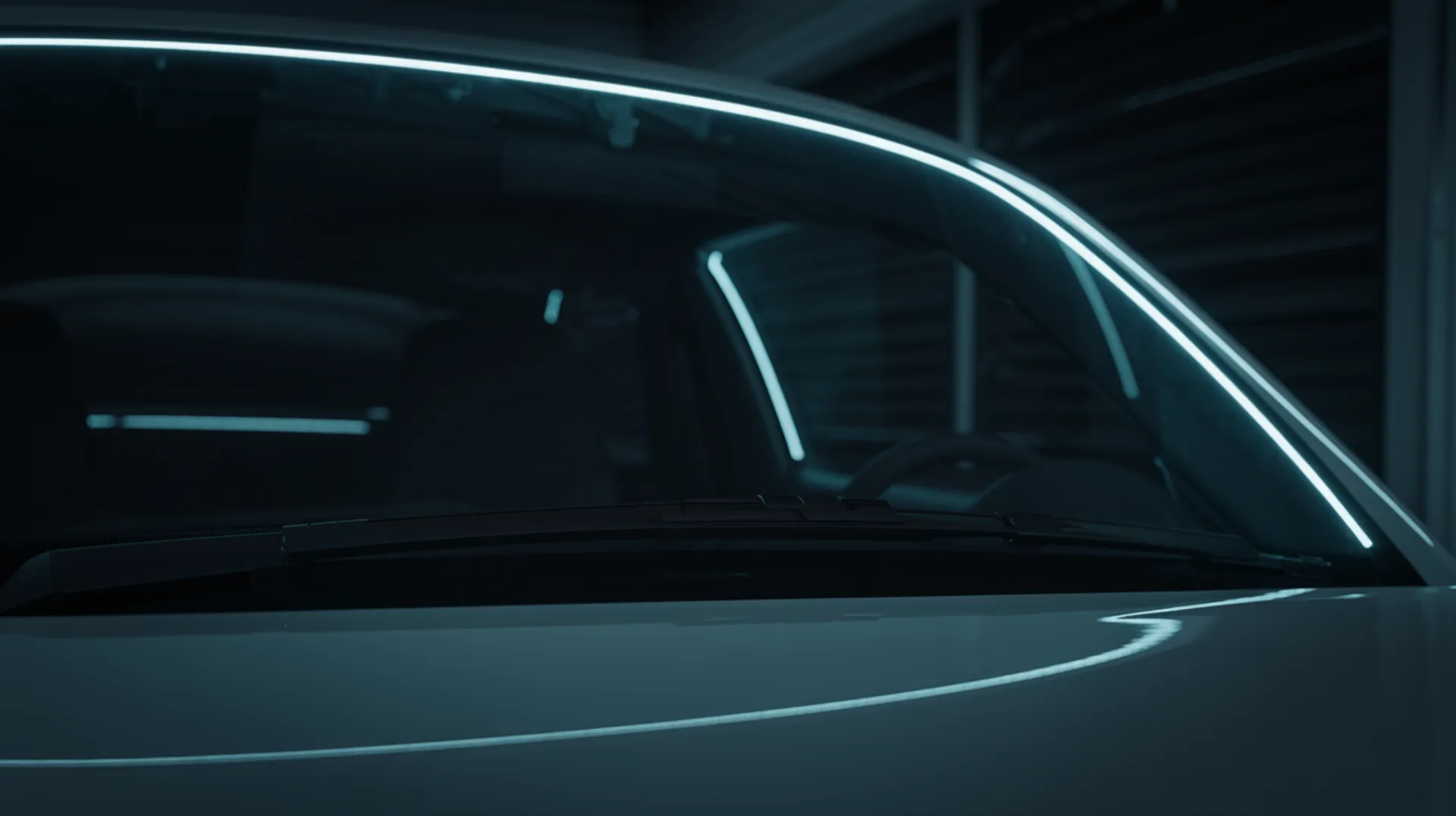 Cool blue light raking across a clean car windshield in a dark garage