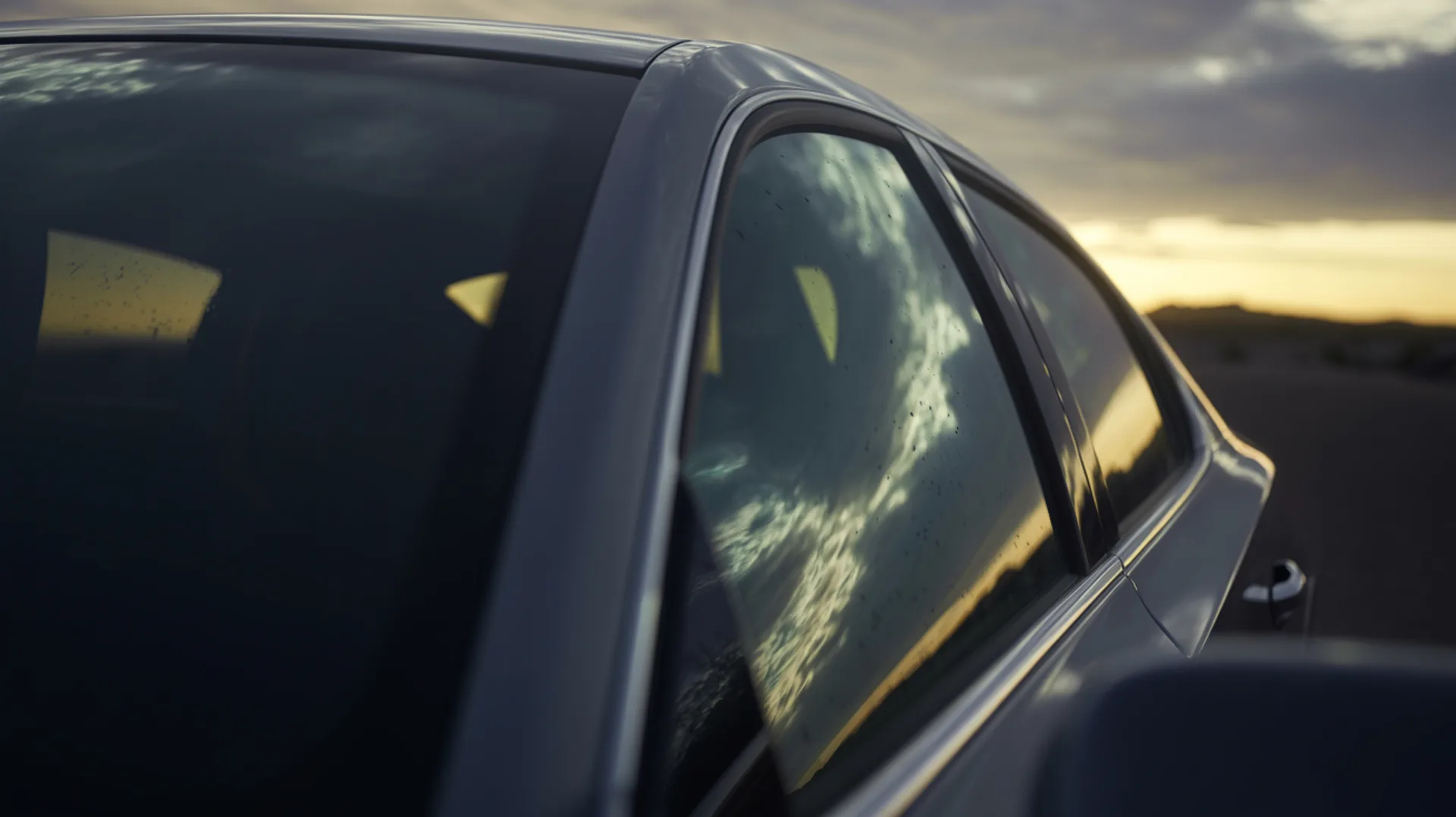 View across a car windshield reflecting the Arizona dawn sky