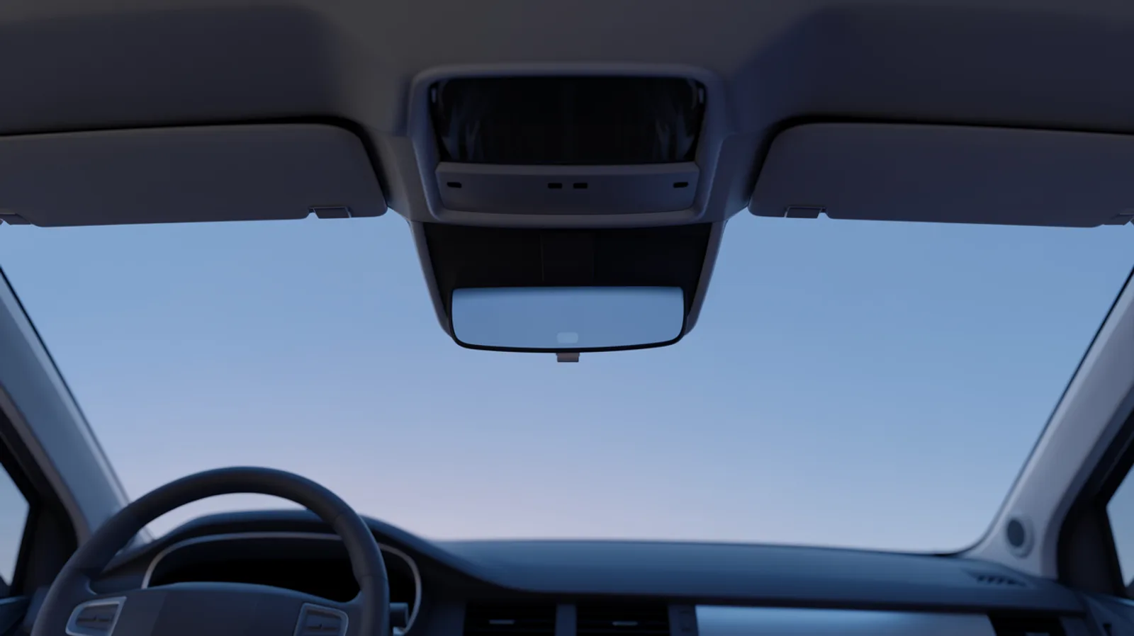 Interior view of a windshield with the forward ADAS camera module