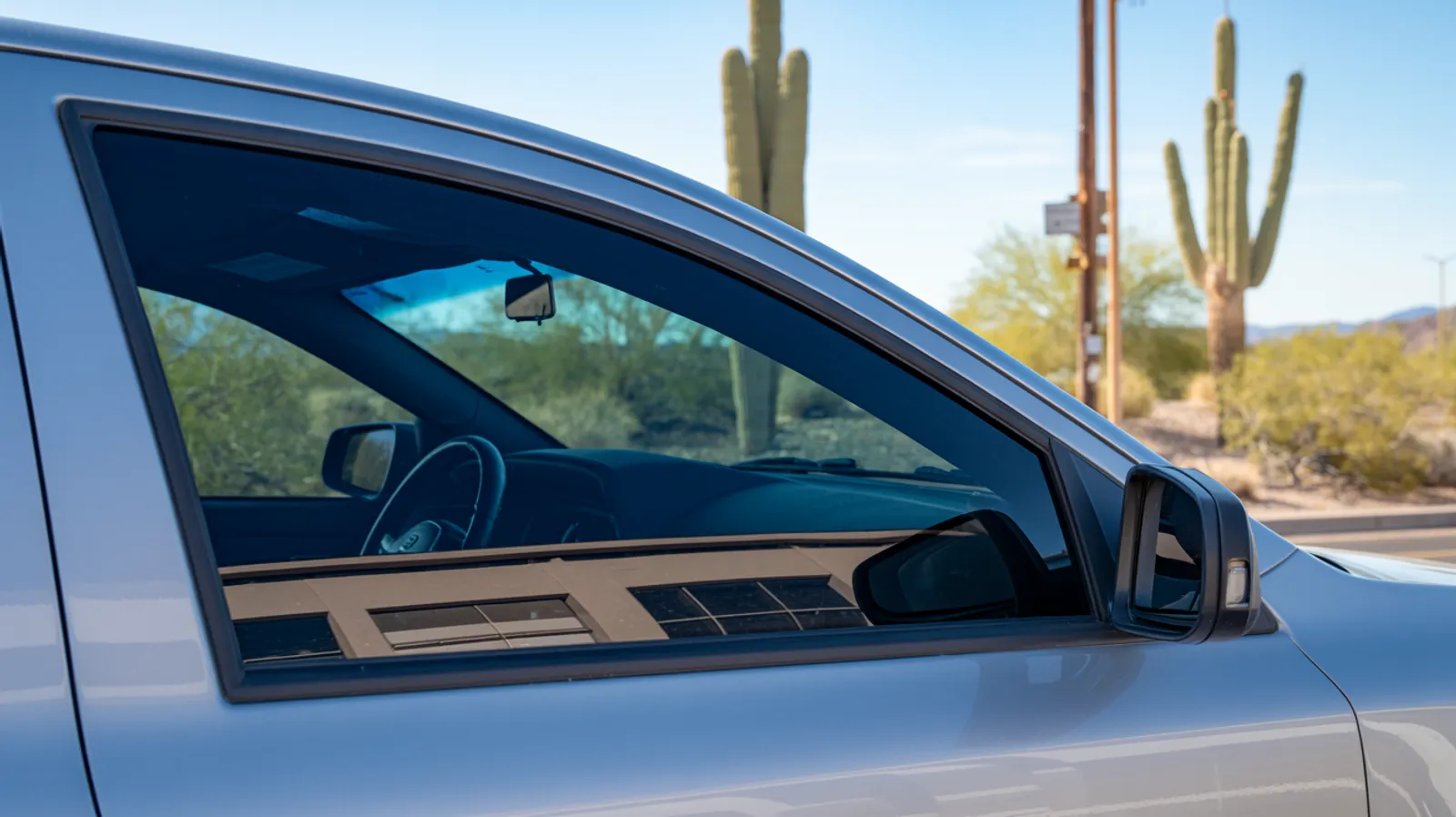 A technician smoothing window film onto a car's front door glass in a Phoenix tint shop