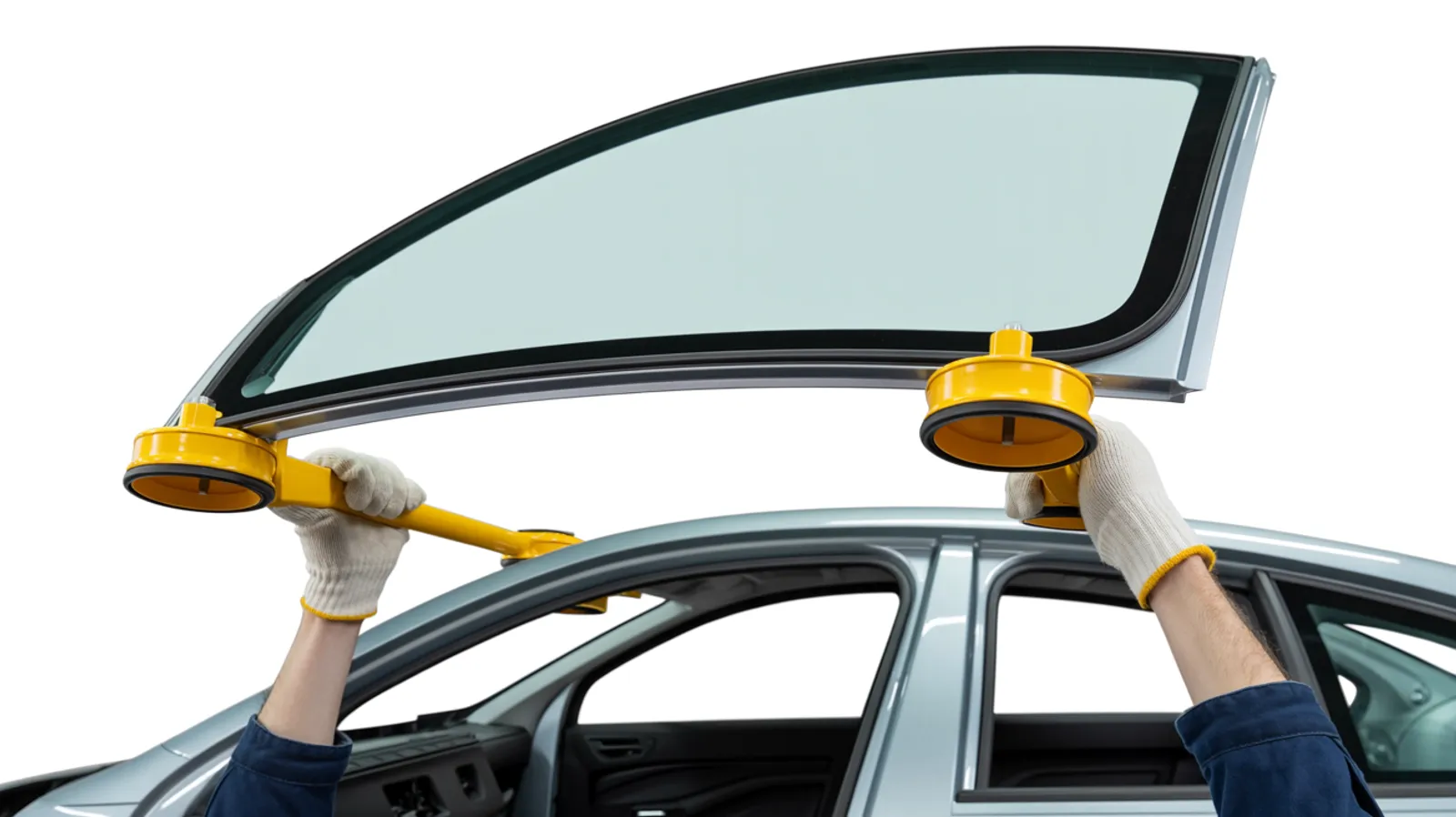 Gloved hands carrying a new windshield on yellow suction-cup setting tools beside a silver sedan