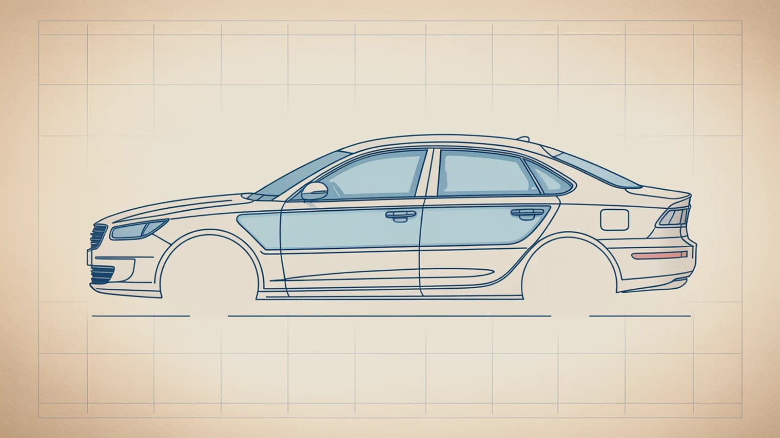 Blueprint side-profile diagram of a sedan showing its windshield, front and rear door windows, quarter glass, rear glass and sunroof