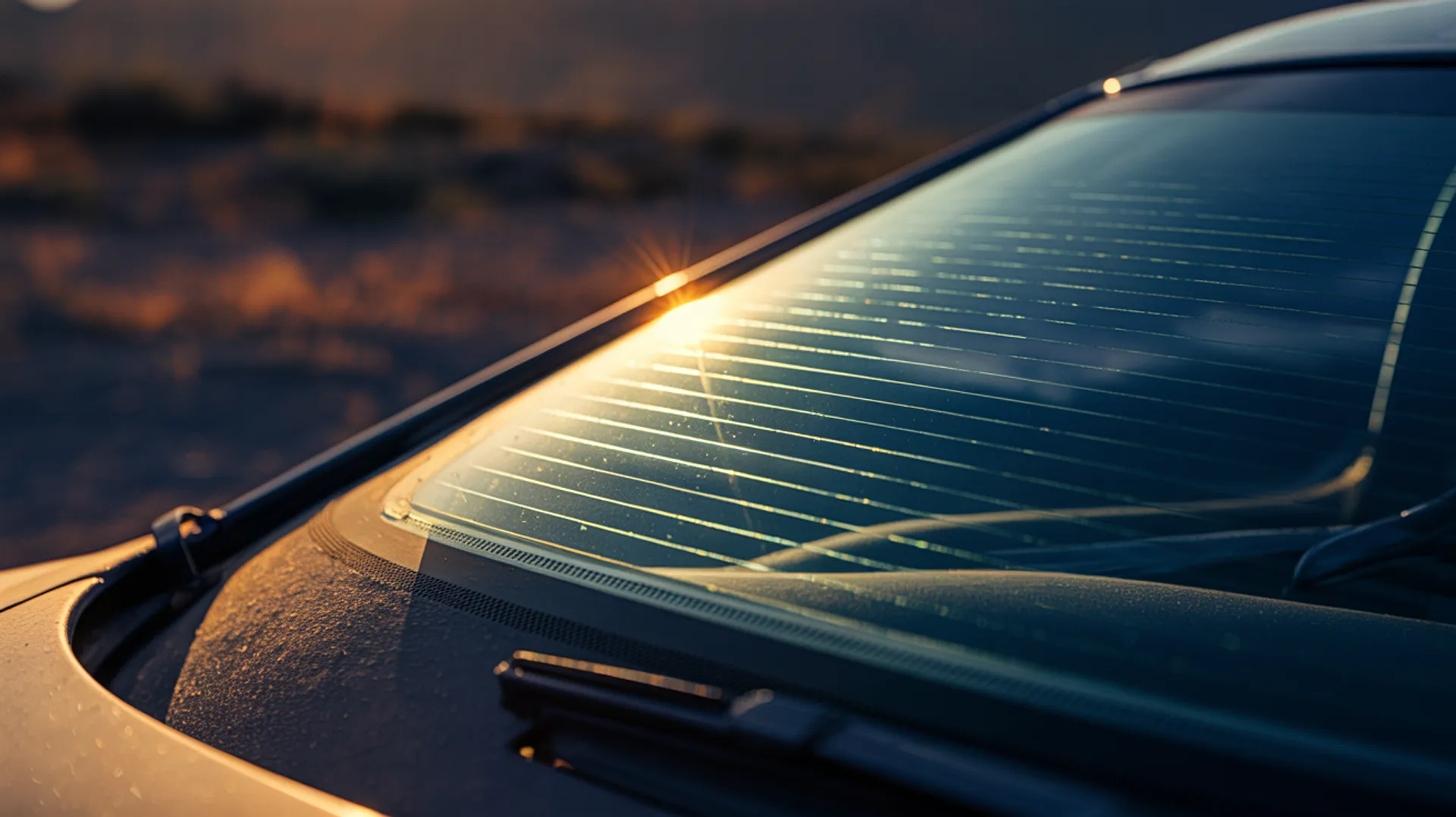 Low Arizona sun refracting through the curved edge of a clean automotive windshield