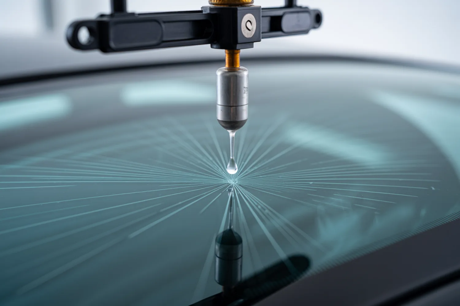 Resin being injected into a windshield chip during a repair