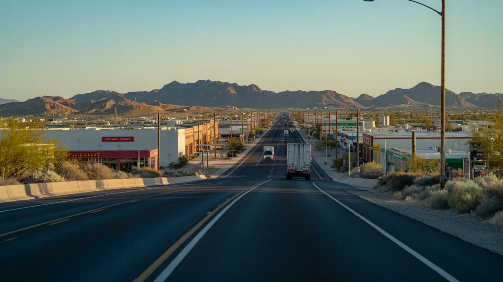 Broad West Valley Arizona arterial road in late afternoon light with distant truck traffic