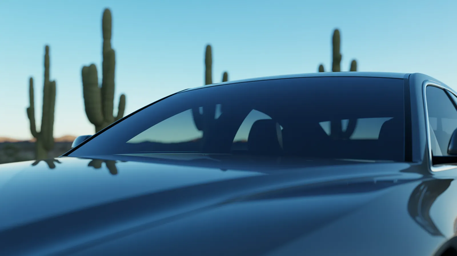 Modern sedan windshield reflecting the Arizona desert sky